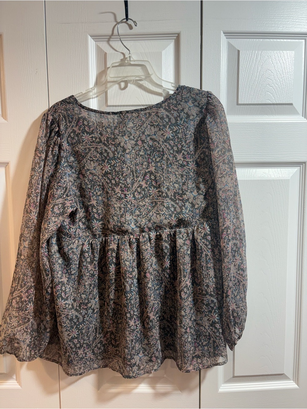 Lucky Brand Women’s Large Boho Floral Metallic Chiffon Babydoll Blouse Fall - Picture 4 of 5